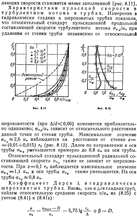 Распределение осредненных скоростей и коэффициент Дарси в гидравлически шероховатых трубах. Переходная область