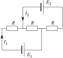В схеме заданы сопротивления r1 и r2 а также эдс источников e1 и e2