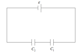 Два конденсатора емкостями C1  5 мкФ и C2  8 мкФ соединены последовательно и присоединены к батареи с ЭДС   80 В . Определить заряды Q1 и Q2 конденсаторов и разности потенциалов U1 и U2 между их обкладками. 