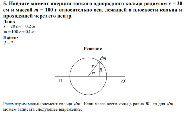 Найдите момент инерции тонкого однородного кольца радиусом r = 20 см и массой m = 100 г относительно оси, лежащей в плоскости кольца и проходящей через его центр. 