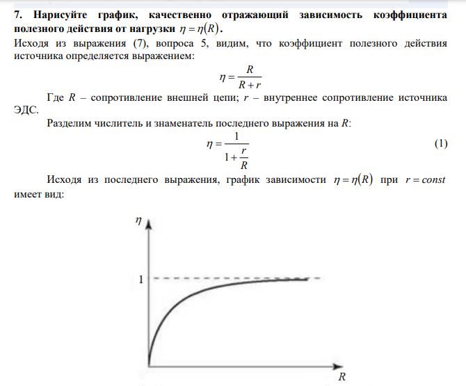 Нарисуйте график, качественно отражающий зависимость коэффициента полезного действия от нагрузки  R.