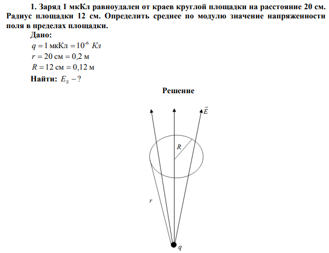   Заряд 1 мкКл равноудален от краев круглой площадки на расстояние 20 см. Радиус площадки 12 см. Определить среднее по модулю значение напряженности поля в пределах площадки