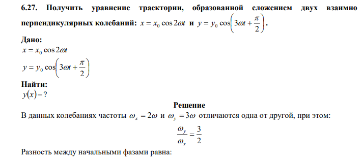  Получить уравнение траектории, образованной сложением двух взаимно перпендикулярных колебаний: х х cos 2t  0 и         2 0 cos 3  y y t . 