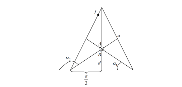  По контуру в виде равностороннего треугольника идет ток силой I = 5,5 А. Длина стороны треугольника, равна 6 см. Найти магнитную индукцию В в точке пересечения высот. 