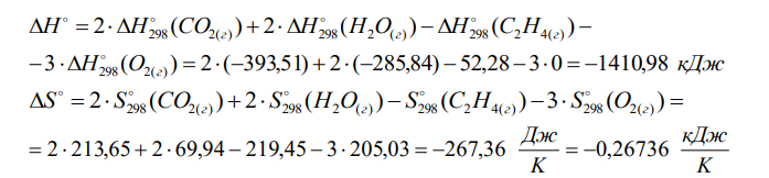  На основании стандартных теплот образования и абсолютных стандартных энтропий соответствующих веществ вычислите G о 298 реакции, протекающей по уравнению: С2Н4(г) + 3О2(г) = 2СО2(г) + 2Н2О(ж) Возможна ли эта реакция при стандартных условиях? Ответ: -1331,21 кДж 