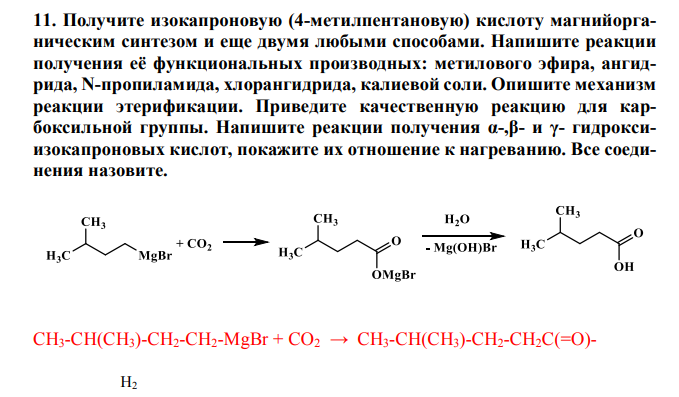  Получите изокапроновую (4-метилпентановую) кислоту магнийорганическим синтезом и еще двумя любыми способами. Напишите реакции получения её функциональных производных: метилового эфира, ангидрида, N-пропиламида, хлорангидрида, калиевой соли. Опишите механизм реакции этерификации. Приведите качественную реакцию для карбоксильной группы. Напишите реакции получения α-,β- и γ- гидроксиизокапроновых кислот, покажите их отношение к нагреванию. Все соединения назовите. 