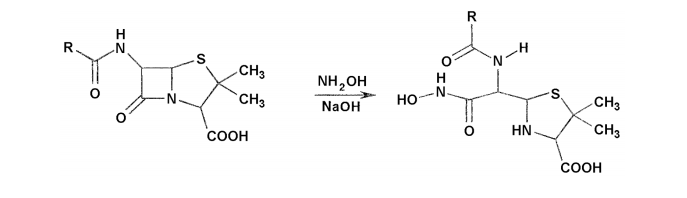 Обоснуйте и приведите химизм реакций определения подлинности оксациллина натриевой соли по методикам НД: - несколько кристаллов ЛС помещают на предметное стекло или фарфоровую чашку, прибавляют 1 каплю раствора, состоящего из 1 мл 1 М раствора гидроксиламина гидрохлорида и 0,3 мл 1 М раствора натрия гидроксида. Через 2- 3 минуты к смеси прибавляют 1 каплю 1 М раствора уксусной кислоты, тщательно перемешивают, затем прибавляют 1 каплю раствора меди нитрата; выпадает осадок зеленого цвета. - 1 мл раствора ЛС, содержащего 0,02 г иона подкисляют уксусной кислотой разведенной, фильтруют, затем прибавляют 0,5 мл раствора цинкуранилацетата; образуется желтый кристаллический осадок. 
