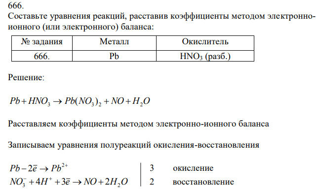  Составьте уравнения реакций, расставив коэффициенты методом электронноионного (или электронного) баланса: № задания Металл Окислитель 666. Pb HNO3 (разб.) 