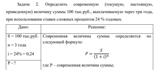  Определить современную (текущую, настоящую, приведенную) величину суммы 100 тыс.руб., выплачиваемую через три года, при использовании ставки сложных процентов 24 % годовых. 