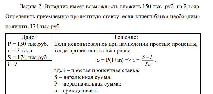 Вкладчик имеет возможность вложить 150 тыс. руб. на 2 года. Определить приемлемую процентную ставку, если клиент банка необходимо получить 174 тыс.руб. 