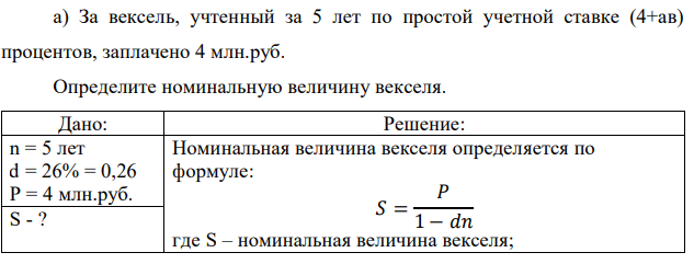 За вексель, учтенный за 5 лет по простой учетной ставке (4+ав) процентов, заплачено 4 млн.руб. Определите номинальную величину векселя.  
