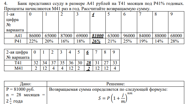Банк представил ссуду в размере А41 рублей на Т41 месяцев под Р41% годовых. Проценты начисляются М41 раз в год. Рассчитайте возвращаемую сумму. 
