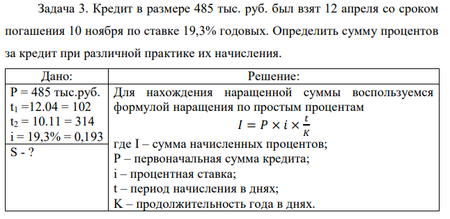 Кредит в размере 485 тыс. руб. был взят 12 апреля со сроком погашения 10 ноября по ставке 19,3% годовых. Определить сумму процентов за кредит при различной практике их начисления.  
