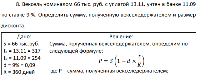 Вексель номиналом 66 тыс. руб. с уплатой 13.11. учтен в банке 11.09 по ставке 9 %. Определить сумму, полученную векселедержателем и размер дисконта. 