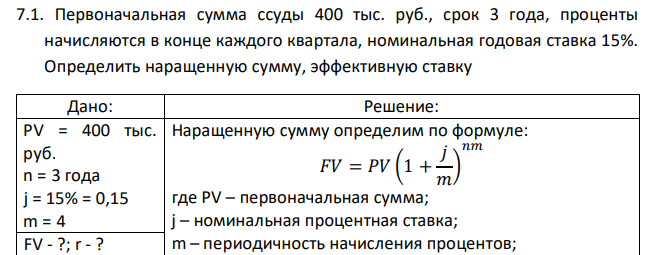 Первоначальная сумма ссуды 400 тыс. руб., срок 3 года, проценты начисляются в конце каждого квартала, номинальная годовая ставка 15%. Определить наращенную сумму, эффективную ставку 