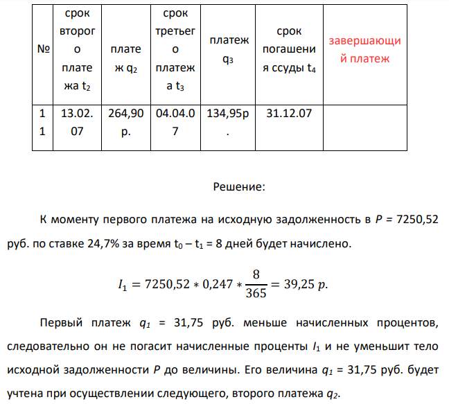 Ссуда в размере P рублей выдана под ставку i . Задолженность в течение года была погашена четырьмя платежами актуарным способом. Определить сумму последнего платежа по ссуде. 