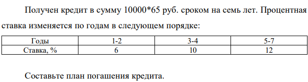 Получен кредит в сумму 10000*65 руб. сроком на семь лет. Процентная ставка изменяется по годам в следующем порядке: Годы 1-2 3-4 5-7 Ставка, % 6 10 12 Составьте план погашения кредита.  