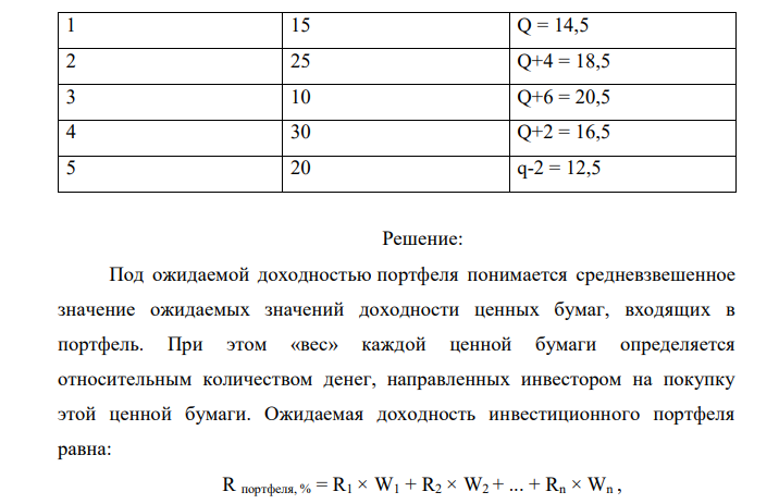 Оцените доходность портфеля, состоящего из пяти видов ценных бумаг. Здесь q = (5+n/2)%. 