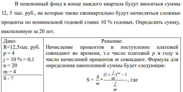 В пенсионный фонд в конце каждого квартала будут вноситься суммы 12, 5 тыс. руб., на которые также ежеквартально будут начисляться сложные проценты по номинальной годовой ставке 10 % годовых. Определить сумму, накопленную за 20 лет. 