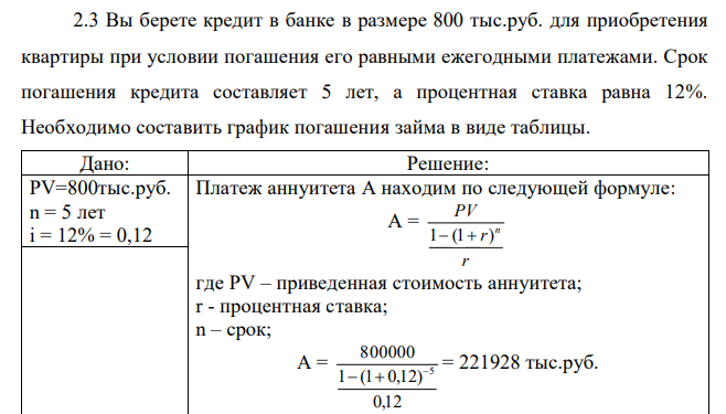 Вы берете кредит в банке в размере 800 тыс.руб. для приобретения квартиры при условии погашения его равными ежегодными платежами. Срок погашения кредита составляет 5 лет, а процентная ставка равна 12%. Необходимо составить график погашения займа в виде таблицы.  