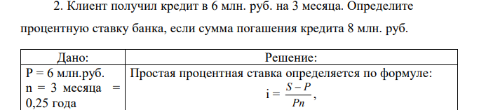 Клиент получил кредит в 6 млн. руб. на 3 месяца. Определите процентную ставку банка, если сумма погашения кредита 8 млн. руб.  
