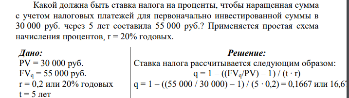  Какой должна быть ставка налога на проценты, чтобы наращенная сумма с учетом налоговых платежей для первоначально инвестированной суммы в 30 000 руб. через 5 лет составила 55 000 руб.? Применяется простая схема начисления процентов, r = 20% годовых.