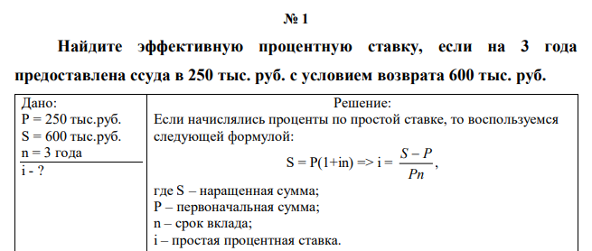  Найдите эффективную процентную ставку, если на 3 года предоставлена ссуда в 250 тыс. руб. с условием возврата 600 тыс. руб. 