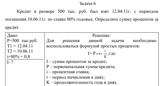  Кредит в размере 500 тыс. руб. был взят 12.04.11г. с периодом погашения 10.06.11г. по ставке 80% годовых. Определите сумму процентов за кредит. 