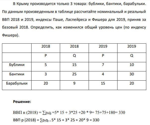  В Крыму производится только 3 товара: бублики, бантики, барабульки. По данным произведенным в таблице рассчитайте номинальный и реальный ВВП 2018 и 2019, индексы Паше, Ласпейреса и Фишера для 2019, приняв за базовый 2018. Определить, как изменился общий уровень цен (по индексу Фишера). 