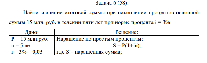 Найти значение итоговой суммы при накоплении процентов основной суммы 15 млн. руб. в течении пяти лет при норме процента i = 3% 