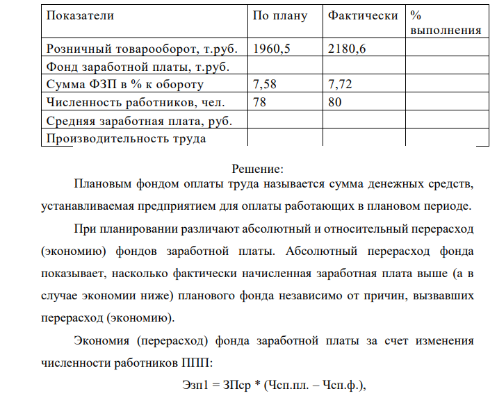 Провести анализ показателей по труду и заработной плате работников предприятия. В процессе анализа определить: - Экономию или перерасход фонда заработной платы - Влияние на изменение фонда заработной платы численности и средней заработной платы работников - Коэффициент соотношения в изменении производительности труда и средней заработной платы. 