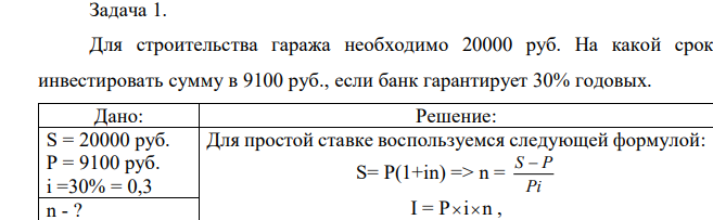 Для строительства гаража необходимо 20000 руб. На какой срок инвестировать сумму в 9100 руб., если банк гарантирует 30% годовых. 